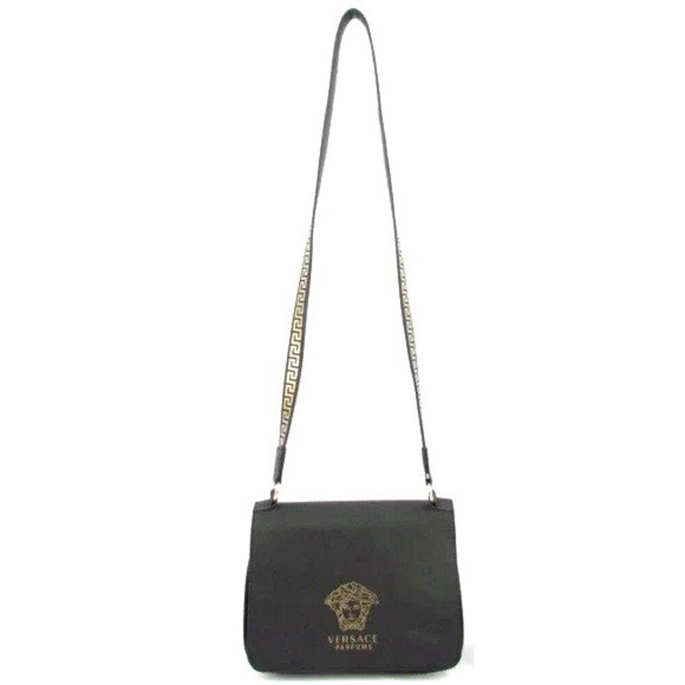 Versace Parfums Black Matte & Gold Greek Key Strap Crossbody Flap Bag Club Night